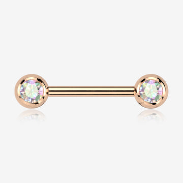 A Pair of Implant Grade Titanium Rose Gold Gem Ball Internally Threaded Nipple Barbell-Aurora Borealis